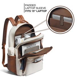 LATMAP 30L Business Laptop Backpack for Women Men, Travel Work Backpack Purse Faux Leather College Bookbag fits 15.6" Laptop - Beige