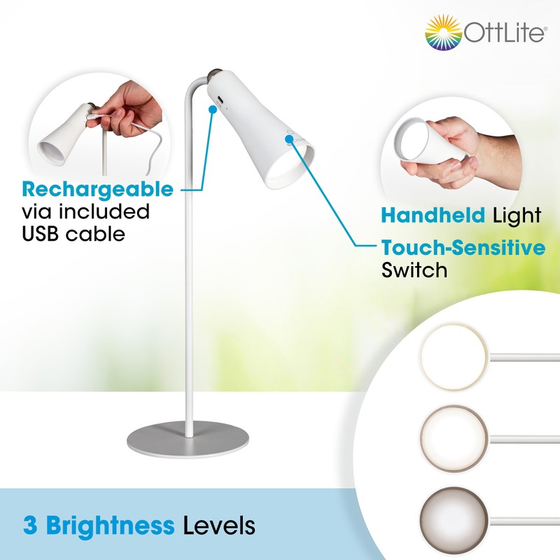 OttLite Switch 3-in-1 Rechargeable Task Lamp, Clearsun, White, Retail