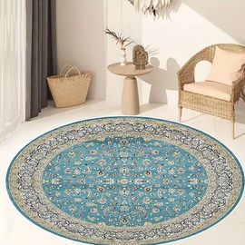 Retro Blue Persian Flowers Round Rug for Bedroom Crystal Velvet Soft Non-Slip Machine Washable Foyer Mat Floor Carpet Indoor Floor Powder Room Dining Living Room Decor 31.5-Inch
