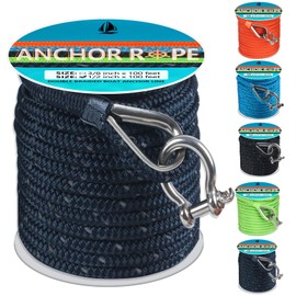 Anchor Rope 100 FT 1/2 in, Double Braided Anchor Line with 316 Stainless Steel Thimble & Shackle, Boat Anchor Rope Ideal for Towing, Mooring, Deck, Anchoring, Boats Up to 35' - Navy Blue