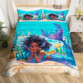 Cute Girl Mermaid Duvet Cover Set Twin Size,African Blue Mermaid Princess Comforter Cover for Kids Boys Bedroom Xmas Gift,Ocean Fish Coral Bedding Set with 1 Pillowcase Bedspread, Soft