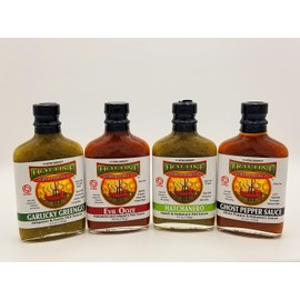 HOT LINE PEPPER PRODUCTS Gourmet Hot Sauces (GARLICKY GREENGO,HATCHANERO, EVIL OOZE, GHOST, 4 pack)