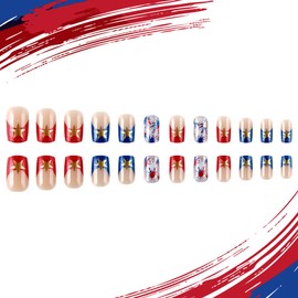 24Pcs 4th of July Press on Nails Medium Square Nails French Tip Fake Nails with Glitter Designs Independence Day Acrylic Nails Full Cover Patriotic False Nails Star Glue on Nails for Women Girls