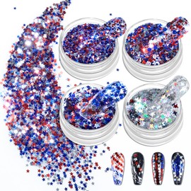 Allstarry Nail Glitter 4Pcs Holographic America's Patriotic Nail Art Glitter Sparkly Red Blue Chunky Flakes Veterans Day Body Sequin 4th of July Decoration for Manicure Independence Day