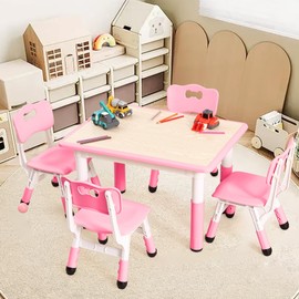 Garvee Kids Table and 4 Chair Set,32 Inches Height Adjustable Toddler Table and Chairs Set with Non-Slip Desk Legs&Organizer Graffiti Desktop,Preschool Activity Art Craft Tables for 4(Pink)