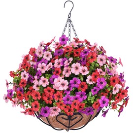 Waipfaru Artificial Flowers for Outdoors, Fake Hanging Plants Flowers with Basket, Faux Green Plant in Metal Coconut Lining Pot, Daisy with Eucalyptus Leaves for Summer Decor(Red Pink Purple)