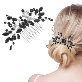 Bridal Hair Comb,Black Teardrop Hair,Bridal Hairs Comb,Black Crystal Side Combs, Flower Headdress Hairs Accessories, Wedding Leaf Headpiece Bridesmaid For Women And Girls