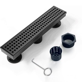 Elefloom Linear Shower Drain, 12 inch Black Drain with Removable Grate Cover, Brushed 304 Stainless Steel Shower Floor Drain, Linear Drain with Hair Strainer and Adjustable Feet