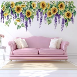 VePret Large Hanging Sunflowers Wall Decals Peel and Stick, Watercolor Lavender Wall Stickers, Removable Vinyl Home Decor Art for Bedroom Living Room Classroom Office