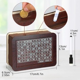Wooden Money Box with Numbers Checks, Money Box with Savings Target, Retro Money Box Storage Box, Wooden Piggy Bank with Marker, Money Saving Box, for Christmas, Birthday Gifts
