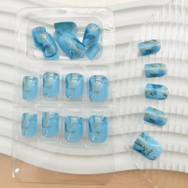 Square Press on Nails Short Fake Nails Blue Summer Nails Press ons with Cute Blue White Sea Waves Gold Foil Designs Glue on Nails Reusable Stick on Nails for Finger Manicure 24 Pcs