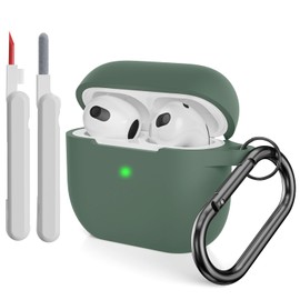 KOKOKA Silikonhülle Kompatibel mit AirPods 3 Hülle mit Reinigungsset und Schutzhülle für AirPods 3rd Generation Case, Stoßfeste Weiche Dünne Case für Airpods 3 Mit Karabiner, Deep Green