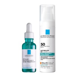 Paquete de tratamiento con ácido salicílico La Roche-Posay Effaclar para minimizar los poros, eliminar manchas de acné y marcas posteriores al acné + protector solar transparente UV Anthelios SPF 50, protector solar diario para cara con ácido azelaico