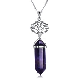 VENACOLY Amethyst Healing Gemstone Necklace Sterling Silver Lotus Synthetic Hexagonal Crystal Points Pendant Necklace Gifts for Women Girls Birthday