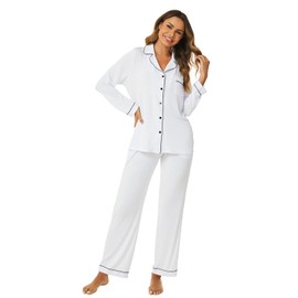 Aamikast Button Up Pajama Set for Women Soft Long Sleeve Pjs Sleepwear Sets (White XXL)