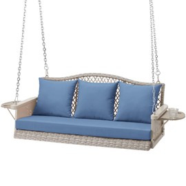 ZZW Upgraded Wicker Hanging Porch Swing Heavy Duty 900 LBS 3-Seat Outdoor Patio Swing Chair Bench for Adult w/ 8.9ft Hanging Chains Cushions and Cup Holder