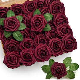 Mocoosy 50Pcs Artificial Rose Flowers, Burgundy Fake Roses for Decorations, Real Touch Foam Rose Bulk with Stem DIY Wedding Bouquets Bridal Shower Centerpiece Floral Arrangement Party Home Table Decor