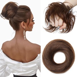 Benehair Messy Bun Hair Piece Tousled Updo Elastic Hair Bun Hairpiece for Women Updo Ponytail Hair Extensions Straight Donut Chignons #4 Medium Brown 17g