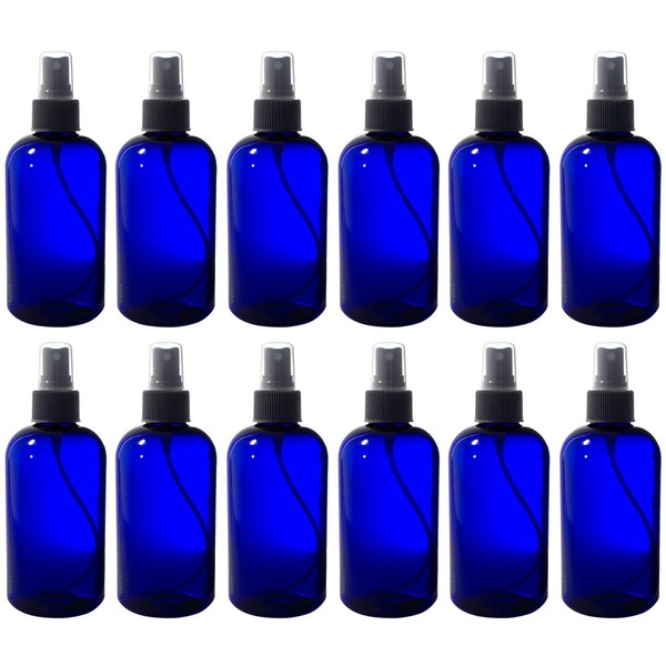 JUVITUS Cobalt Blue 8 oz Boston Round PET Plastic Bottles (BPA Free) with Black Fine Mist Spray (12 pack) + Labels