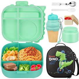 Lunch Box with 13oz Soup Thermo for Hot Food Kids Insulated Food Jar Container with Silicone Water Cup and Spoon & Fork Leak Proof Bento Box Set with 5 Compartment Lunch Bag for School Travel