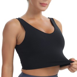 MATHACINO Longline Sports Bras for Women, V-Neck Workout Padded Sports Yoga Bra Aesthetic Sports BraTank Tops Crop Top Black