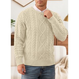 RQP Mens Crewneck Sweater Cable Knit Sweater Classic Fisherman Pullover Sweater,Off White