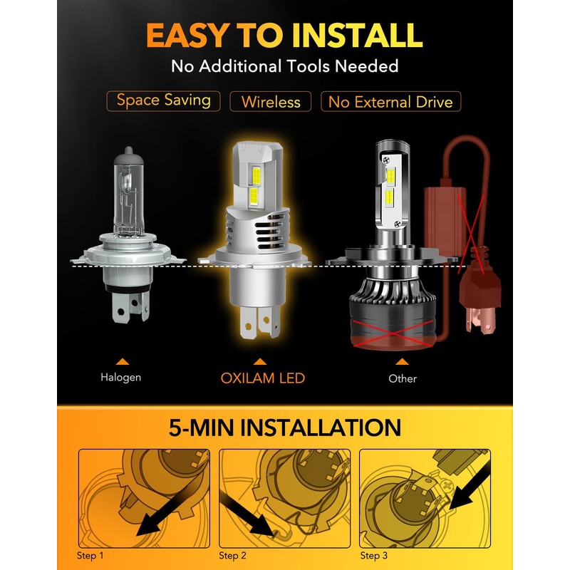 OXILAM H4 9003 LED Bulbs, 30000LM 800% Brighter, 6500K Cool