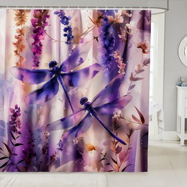 Feelyou - Cortina de ducha de tela de libélula morada con flores moradas para niños, accesorios impermeables con 12 ganchos, cortinas de animales de verano, 72 x 78 pulgadas