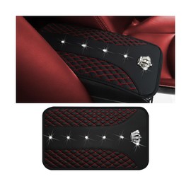 zipelo Bling Car Center Console Cover, Crystal Rhinestone Crown Auto Armrest Box Protector Cushion Pad, Comfortable Diamond Vehicle Arm Rest Seat Mat Decor Accessories, Universal Fit (Black/Red)