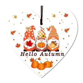 Jc.upin Hello Autumn Decorations Wooden Heart Hanging Plaque Printed Autumn Leaves, Pumpkin, Gnomes Wooden Cards for Thanksgiving and Autumn Decorations Gifts Accessories, ORANGE5.25