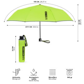 PERLETTI Umbrella Pocket Umbrella Blue Reflective Children Boys Rain Umbrella Compact Small Windproof Children's Umbrella 7+ Years Windproof Safe Colourful Diameter 91 cm, neon yellow