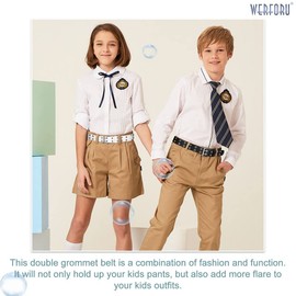WERFORU 2 Pieces Girls Belts Double Grommet Belts Kids PU Leather Punk Rock Belts for Pants Jeans Black/White 90 cm