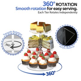 LoengMax 3-Tier Rotating Cupcake Stand, Clear Acrylic 360° Spinning Dessert Display Tower for Cakes & Pastries, Serving Stand for Weddings, Birthdays, Parties - Polygon