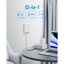 olcorife Flat Extension Cord with Outlet Cover, Olcorife Flat Plug Power Strip with 8 Outlets and 4 USB Ports, 2000 Joules Surge Protector, 5 FT Cord Hidden Outlet Extender for Tight Spaces