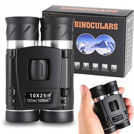 10 x 25 Compact Binoculars, Foldable Binoculars, Binoculars for Adults and Children, Large Eyepiece, Easy Focus Binoculars for Bird Watching, Theatre and Concerts, Hunting and Sports Games, Black