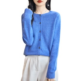 Chanyarn Women's Crew Neck 100% Merino Wool Cardigans 2024 Spring Plain Long Sleeve Seamless Cardigans, Star blue, L