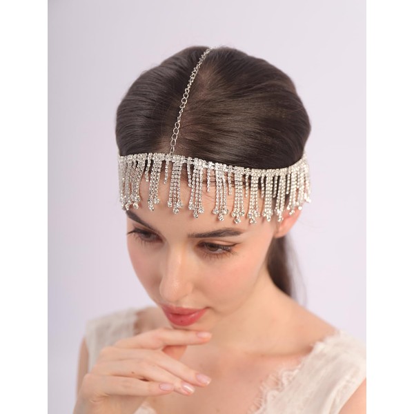 Teyglen Boho Forehead Crystal Head Chain Sparkly Head Jewelry Wedding
