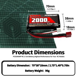 PCEONAMP 7.4V Li-ion Battery 2000mAh 2S with Deans T Plug Rechargeable High Capacity RC Battery Fit for WLtoys 4WD High Speed RC Cars and Most 1/10, 1/12, 1/16 Scale RC Cars Trucks with 2 USB Chargers