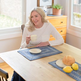 Homespice Denim Premium Jute Braided Placemat Set of 4-10x15 Rectangular Blue, Navy, White Reversible, Natural Jute Yarn Rustic, Country, Primitive, Farmhouse Style