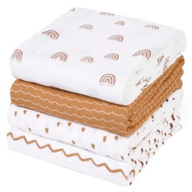 david's kids 4 Pack Baby Muslin Swaddle Blankets, 100% Cotton Swaddling Blankets Wrap for Boys Girls Neutral, Ultra Soft Breathable Receiving Blanket, New Born Essentials, Rainbow/Wave