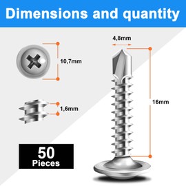 Wavanta 50Pcs Self Tapping Screws for Metal, M4.8 x 16mm Truss Head Self Drilling Screws, 410 Stainless Steel Sheet Metal Screw, High-Strength Quick Tapping Screw with Screwdriver Bit
