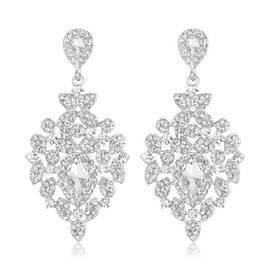 BriLove Teardrop Wedding Earrings for Brides Birdesmaid, Vintage Rhinestones Cluster Leaf Shape Dangle for Women Party Prom Jewelry Accessory Clear Silver-Tone