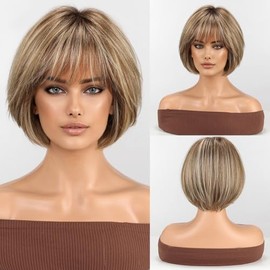 RSY Peluca Bob de 10.8 pulgadas de mezcla de cabello humano con fibra saludable para mujeres, pelucas cortas lisas y en capas para uso diario, pérdida