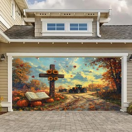 HOMETITUTE Fall Garage Door Banner 13x6ft Thanksgiving Autumn Theme Backdrop Farmhouse Fall Backdrop Decor Cross Pumpkins Sunflowers Photo Prop Background for Thanksgiving Yard Outdoor Decor