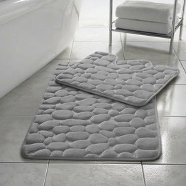 EXQUIZIT HOME Bath Mat Memory Foam Pebble Stone Quick Dry Non Slip Ultra Absorbent Bathroom Rug Pedestal Toilet Mats Sets 2 Pieces COLOUR SILVER