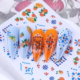 Summer Fruit Nail Art Stickers - Lemon Strawberry Oranges Design 3D Self Adhesive Nail Stickers Acrylic Flower Nail Decals Accessories Nail Art Supplies for Women DIY Decorations 2 Sheets