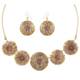 NEW! Touchstone Indian Bollywood Fashion Handcrafted Fascinating Basket Weave Concentric Wires Round Shape Designer Jewelry Necklace Set In Gold Silver Copper Tones For Women.