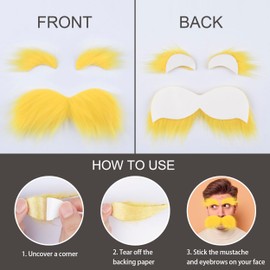Yan Dream Yellow Fake Mustache and Eyebrows Self Adhesive Yellow Big Fake Beard Cosplay Party Facial Hair
