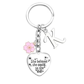 Inspirational Gift Initial Keychain For Women Friends Keyrings With Pink Flower 26 Letter Alphabet Keychain For Her Graduation Christmas Birthday Gifts for Daughter Sister (K)
