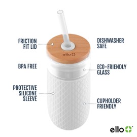Ello Ello Devon 18oz Glass Tumbler with Straw, Friction Fit Bamboo Wood Lid and Silicone Sleeve | Perfect for Iced Coffee, Tea, and Smoothies | White